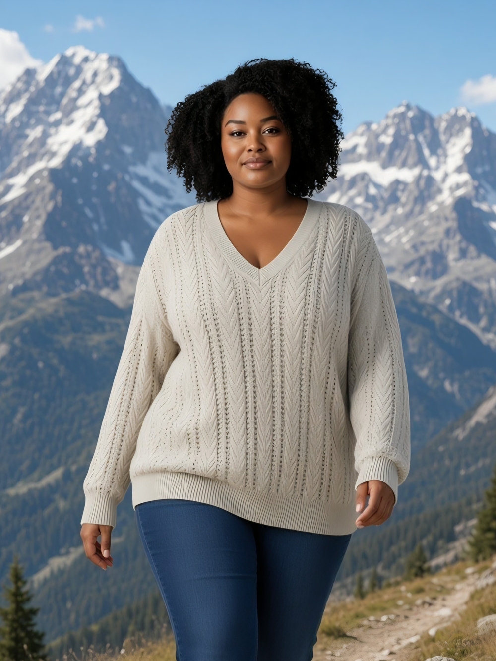 GAP Womens XL Cable Knit Openwork V-Neck Sweater Long Sleeve Pullover Boho